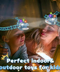Child and adult using Dino Themed LED Headlamp For Kids And Adults With Four Modes Hands Free Dino Headlamp for night reading