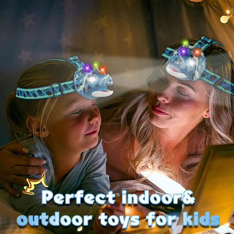 Child and adult using Dino Themed LED Headlamp For Kids And Adults With Four Modes Hands Free Dino Headlamp for night reading