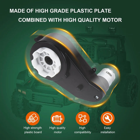 Two Pack 12V RS550 Beefed Up Torque Gearbox Motors For Kids Ride On Cars SUVs UTVs ATVs with electric motor and gearbox shown.