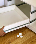 Heavy Duty 8 Piece Adhesive Universal Caster Wheels For Furniture And Bedside Tables Featuring Smooth As Butter Rolling Stainless Steel Swivel Casters displayed near a drawer being opened.