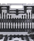 Pro-Grade Deluxe Steel Clamping Kit For 7/16 Inch Table Slot, 58-Piece Set in case, showing studs and nuts organized neatly.