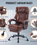 Illustration of Big Tall Reclining Executive Office Chair With Footrest, heavy-duty 400 lb capacity, lumbar support, brown leather.