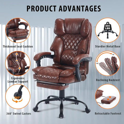 Illustration of Big Tall Reclining Executive Office Chair With Footrest, heavy-duty 400 lb capacity, lumbar support, brown leather.
