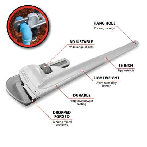Aluminum Heavy-Duty Adjustable 36-Inch Straight Pipe Wrench With Precision Milled Jaws For Superior Grip And Durability, Labels