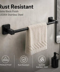 Matte Black 4-Piece Bathroom Hardware Set, stainless steel wall mounted kit with 23.6 inch towel bar in use, rust resistant.