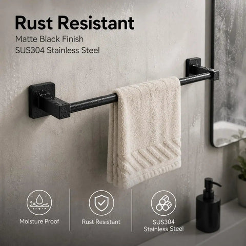 Matte Black 4-Piece Bathroom Hardware Set, stainless steel wall mounted kit with 23.6 inch towel bar in use, rust resistant.