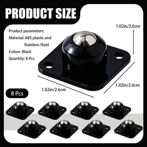 No Sweat Self Adhesive 360 Universal Swivel Mini Caster Wheels in black ABS plastic; pack of 8, 1.02in size.