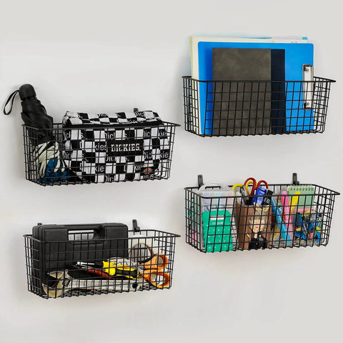 Extra Large Hanging Wall Mount Storage Baskets 4 Pack Sleek Black Wire Metal Organizer With Adhesive And Steel Hooks Badass Durability Zero Hassle Setup For Kitchen Bathroom Pantry And Utility Spaces