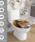 Elongated Toilet Seat Smoky Crystal Resin for Bathroom on a toilet with a modern design and wood-patterned lid.