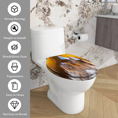 Elongated Toilet Seat Smoky Crystal Resin for Bathroom on a toilet with a modern design and wood-patterned lid.