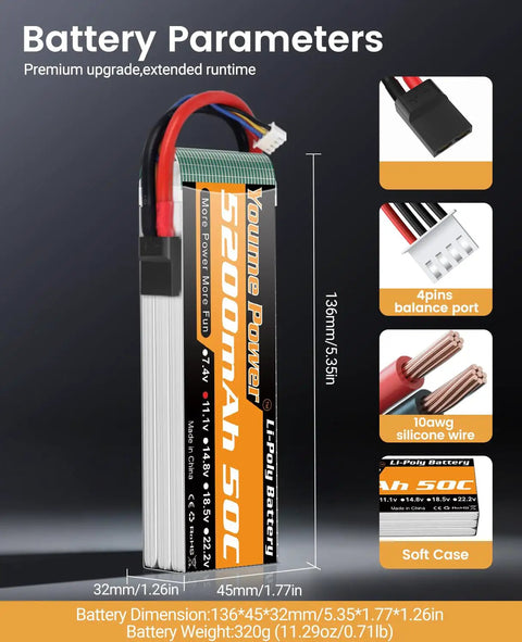 Extended-Run 3S LiPo Battery Pack 5200mAh 11.1V 50C Shorty With TR Plug Soft Case dimensions and features shown