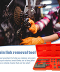Side view of motorcycle chain breaker tool kit, 18-piece red case with rivet tools for chain link removal