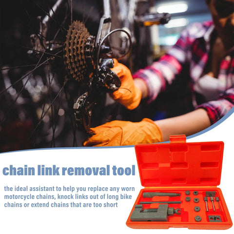 Side view of motorcycle chain breaker tool kit, 18-piece red case with rivet tools for chain link removal
