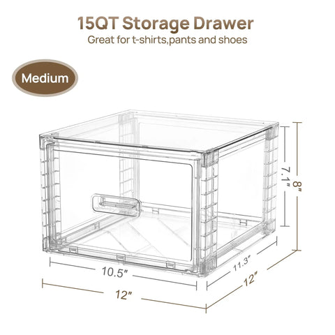 Real Slick Clear Stackable Closet Storage Drawers 4 Pack Medium Capacity 15 Quart Plastic Organizer Bins with dimensions 12x12x8.