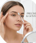 Woman using 3 Pack Precision Face Razor For Women With Secure Grip Bangin Sharp Stainless Micro Blades for eyebrow shaping.