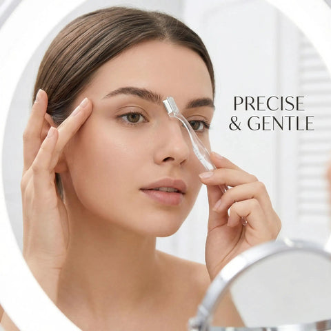 Woman using 3 Pack Precision Face Razor For Women With Secure Grip Bangin Sharp Stainless Micro Blades for eyebrow shaping.