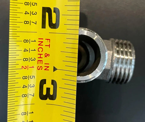 Stainless Steel Half Inch G 3 Way Diverter Tee Connector with Movable Cap next to measuring tape showing size