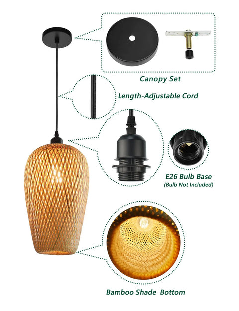 Hand Woven Bamboo Rattan Pendant Light With Natural Finish, Double Layer Dome Shade For A Cozy Boho Vibe In Living Room Bedroom Kitchen Hallway Or Cafe, Eco Friendly Ceiling Fixture With Warm Ambient Glow, showing canopy set, adjustable cord, and bulb base.