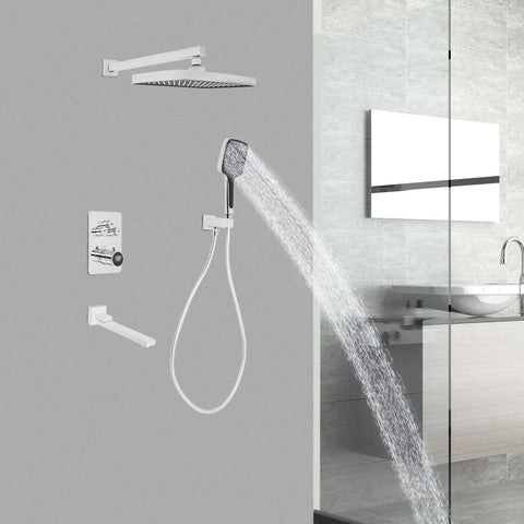 Shower System with Digital Display Thermostatic Faucet Set Copper ABS, featuring overhead and handheld shower head.