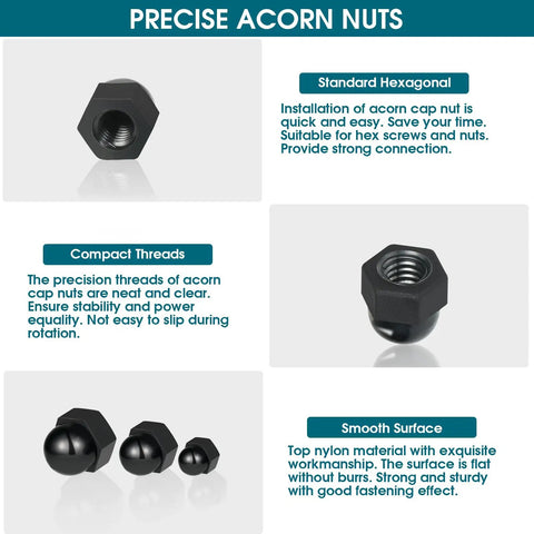 Big Ol 160Pcs Nylon Acorn Nut Set Kit Black Dome Nuts for Protecting Hex Bolts M3 M4 M5 M6 M8 M10 assortment display