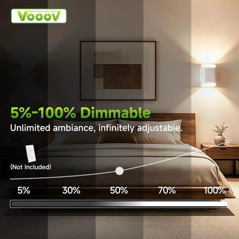 Image showing VOOOV 7.9 Inch White LED Wall Sconce Includes 5CCT Dimmable Lighting in a bedroom setting with varying brightness.