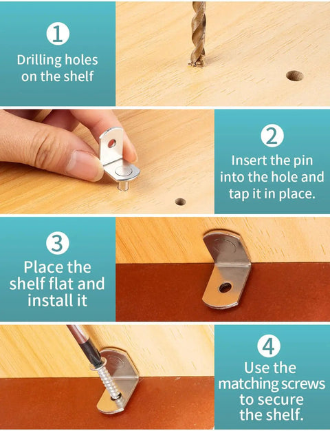 25 Pack Heavy Duty Shelf Pins 5mm Stainless Steel Cabinet Hardware Rock Solid Drawer Support Pegs installation steps on wood.