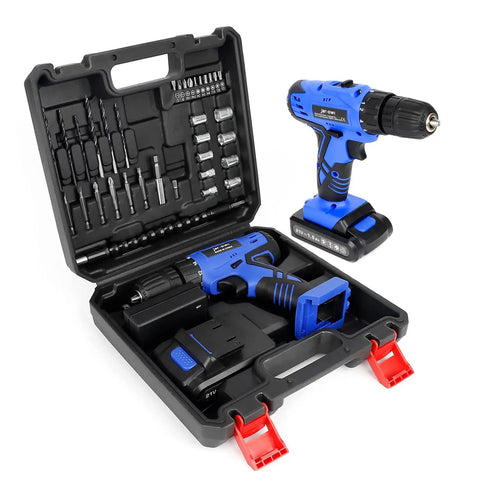 21V Cordless Drill Kit With 350 In-Lb Torque And 0-1350 RPM Variable Speed, 10mm Three Eighths Inch Keyless Chuck, 18 Plus 1 Clutch, 1.5Ah Li-Ion Battery And Charger, Includes 38-Piece Home DIY Tool Set And LED Work Light in carrying case
