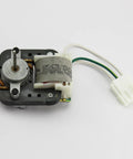 Replacement Fridge Motor 297250000, compact design with wires, shown with metal gear and white connector