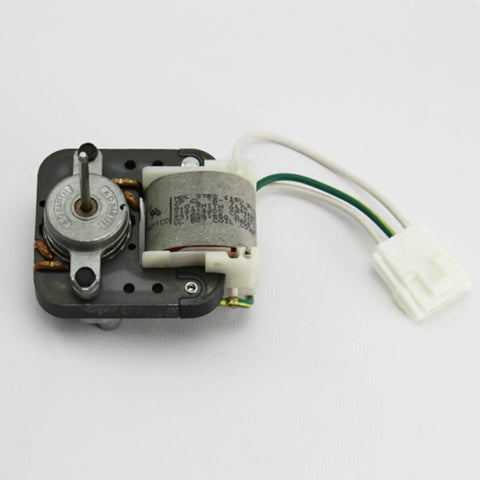 Replacement Fridge Motor 297250000, compact design with wires, shown with metal gear and white connector