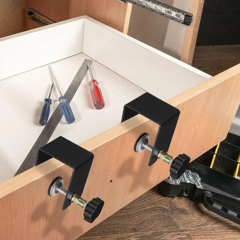 Two Pack Adjustable Steel C Clamps For Drawer Fixing And Cabinet Install on wooden drawer with tools
