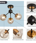 3 Light Vintage Semi Flush Mount Glass Globe Chandelier in Black Finish with detailed components view