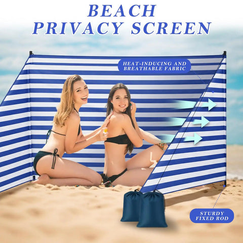15 By 5 Ft Beach Windscreen Set With Blue White Stripes on sandy beach, featuring two women sitting, with arrows showing airflow.
