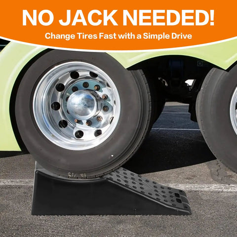 Dual Axle Tandem Wheel Ramp With 5.5 Inch Lift For Trailer And RV Tire Changes holding an RV tire with heavy-duty concave design.