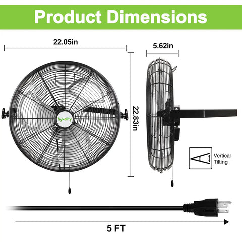 Beastly 20 Inch Wall Mount Fan With 4600 CFM High Velocity Airflow dimensions, front and side view with 5 ft cord