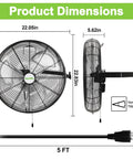 20 Inch Industrial Wall Mount Fan Featuring Hella Powerful 4600 CFM Airflow, Heavy Duty Metal Barn Design, dimensions and cord details shown.