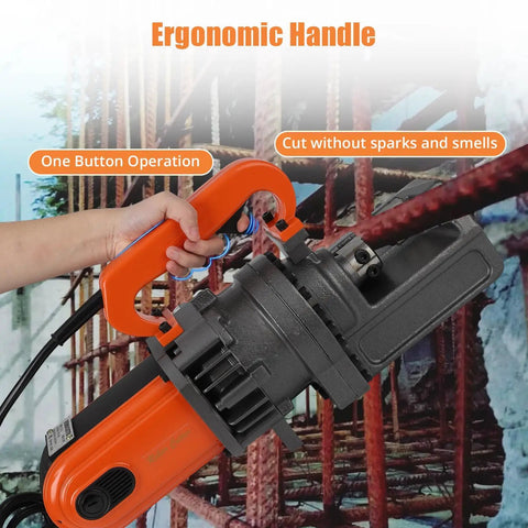 Beast Electric Hydraulic Rebar Cutter With 900W Motor 110V Cuts Up To Five Eighths Inch Rebar Size Five 4 To 16 Mm Heavy Duty Concrete Construction Tool With Blades Fast Cutting In 3 To 4 Seconds. orange hydraulic rebar cutter with ergonomic handle cutting steel bar