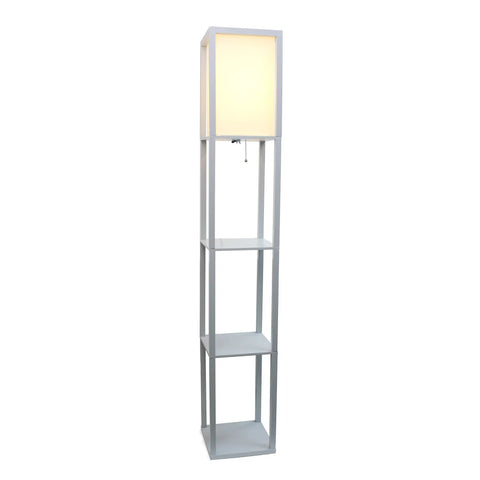 Sleek Gray Etagere Floor Lamp With Linen Shade And Built-In Shelves, Modern Storage Organizer Light for home decor.