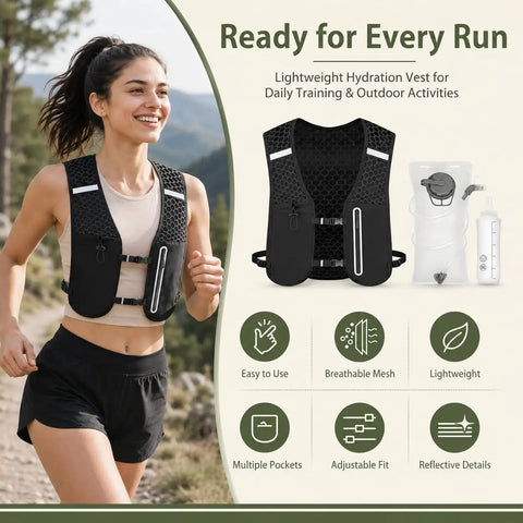 Woman running with No Bounce Hydration Vest For Running With 2L Bladder And 500ml Soft Flask, Lightweight Adjustable Trail Vest For Men And Women