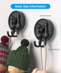 Double Cat Suction Cup Hooks 4 Pack Heavy Duty Wall Holders With Rock Solid Vacuum Grip For Bathroom Shower Towels Coats Waterproof Matte Silver showing size details and design.