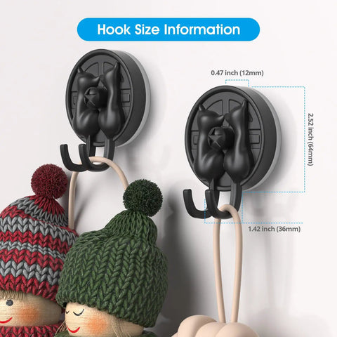 Double Cat Suction Cup Hooks 4 Pack Heavy Duty Wall Holders With Rock Solid Vacuum Grip For Bathroom Shower Towels Coats Waterproof Matte Silver showing size details and design.