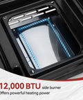12,000 BTU side burner of Three Burner Propane Grill And Griddle Combo With Lid, showing powerful heating element