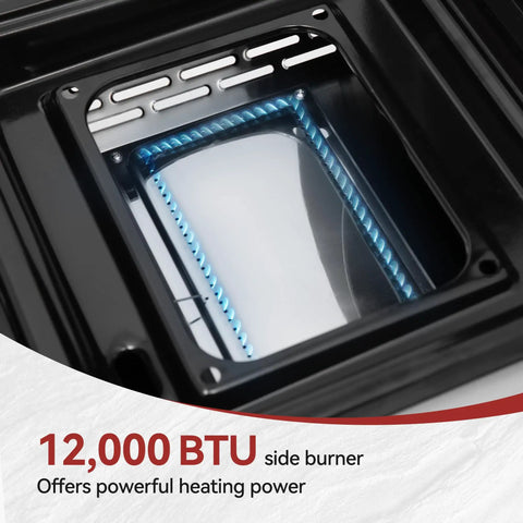 12,000 BTU side burner of Three Burner Propane Grill And Griddle Combo With Lid, showing powerful heating element