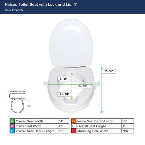 Raised Toilet Seat With Lock And Lid For Seniors And Disabled Cleanable Surface 4 Inch Height dimensions illustration
