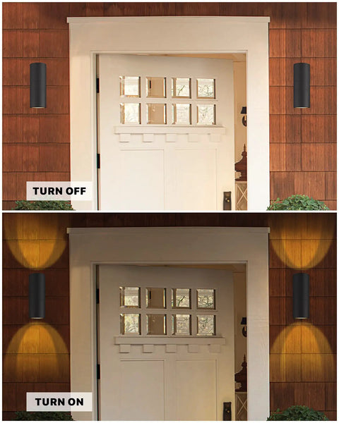 Before and after installation of Dope Black Aluminum Outdoor Wall Sconce Lights Waterproof Exterior Lighting Fixtures for porch