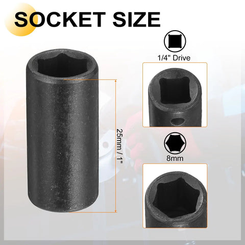 Harfington Shallow 8mm Metric Socket With 1/4 Drive Cr-V Steel Impact Set Including Adapter Hex Shank For Tight Spots And Tough Bolts, 25mm length