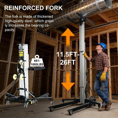 Heavy Duty Telescoping Aluminum Rigging Lift Tower With Manual Crank Winch Elevator for Construction, 11.5ft to 26ft extension.