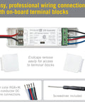 RGB Plus White WiFi LED Controller For Smart Home Lighting With Tuya App, shown with wiring and terminal blocks.