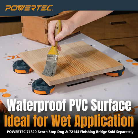 Arachni-Flex 24 By 48 Inch Waterproof PVC Foldable Workbench Tabletop in use, pre-drilled dog holes and quick-insert locks visible