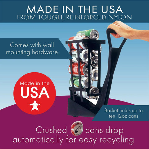 Wall Mounted Can Crusher For Soda And Aluminum 12 Oz Recycling with multiple crushed cans and one hand operation in use.