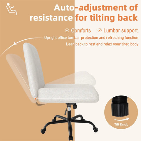 Criss Cross Office Chair With Wheels Armless Swivel Task Chair For Home Office Height Adjustable, beige, side view with tilt knob